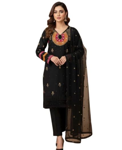 y78- Organza 3-Piece Suit for Women | Unstitched Handmade Aari Zari & Beads Work