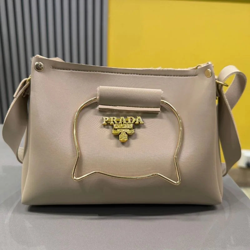y62- Beige Elegant Cat Handle Handbag for Girls & Ladies | Stylish Shoulder & Crossbody Bag with Gold Accents | Adjustable Strap