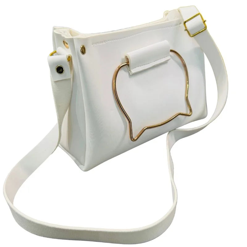 y61- White Elegant Cat Handle Handbag for Girls & Ladies | Stylish Shoulder & Crossbody Bag with Gold Accents | Adjustable Strap