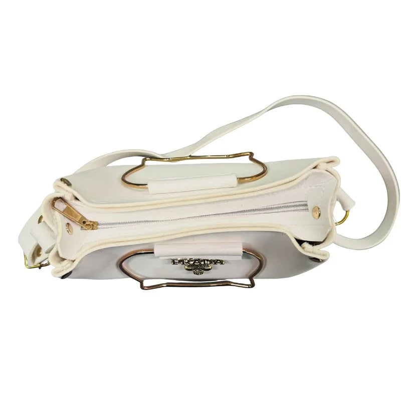 y61- White Elegant Cat Handle Handbag for Girls & Ladies | Stylish Shoulder & Crossbody Bag with Gold Accents | Adjustable Strap