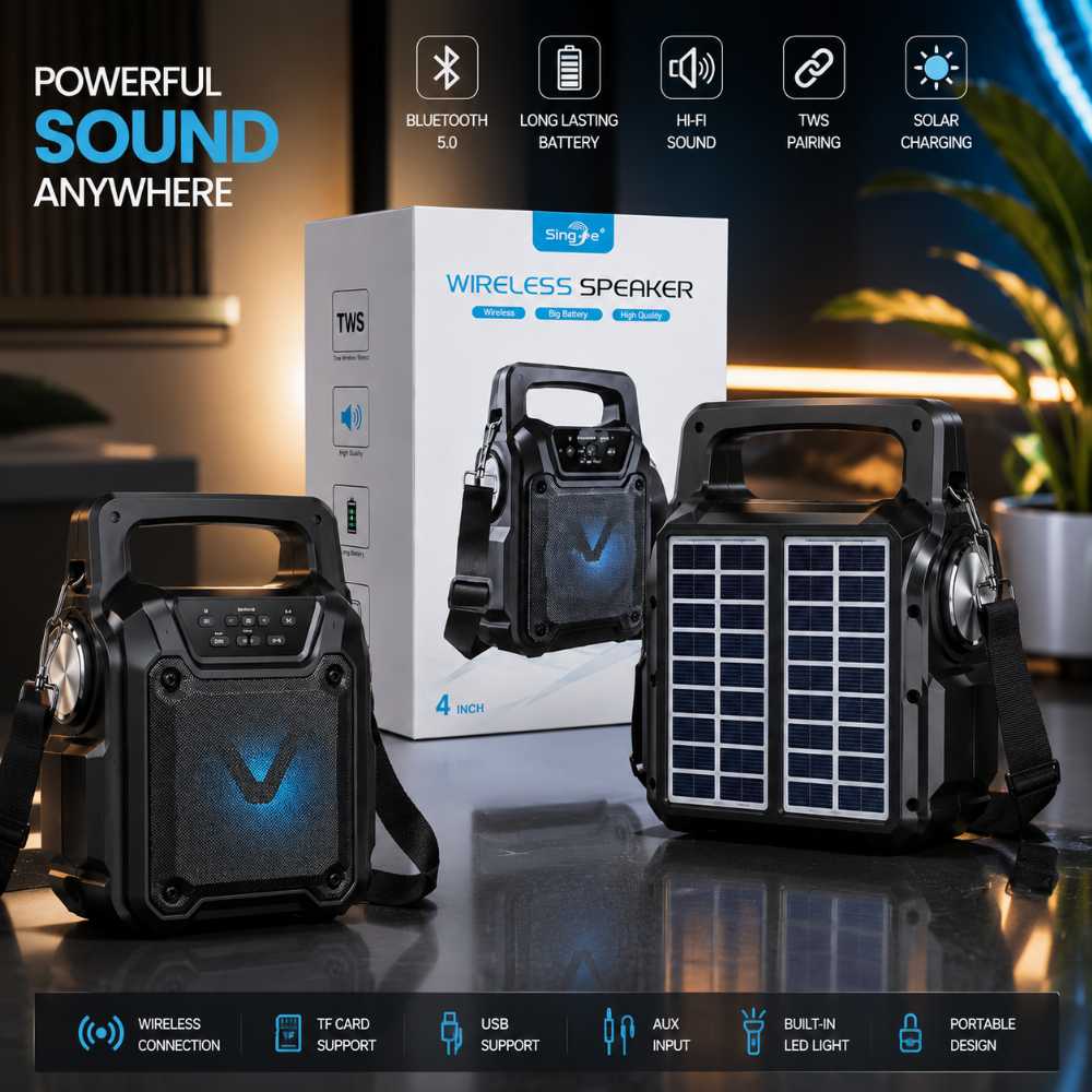 O2- Portable Solar Wireless Bluetooth Speaker with LED Light, FM Radio & USB Rechargeable Outdoor Speaker
