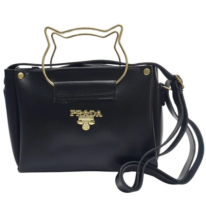 y65- Black Elegant Cat Handle Handbag for Girls & Ladies | Stylish Shoulder & Crossbody Bag with Gold Accents | Adjustable Strap