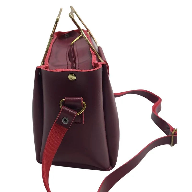 y64- Maroon Elegant Cat Handle Handbag for Girls & Ladies | Stylish Shoulder & Crossbody Bag with Gold Accents | Adjustable Strap