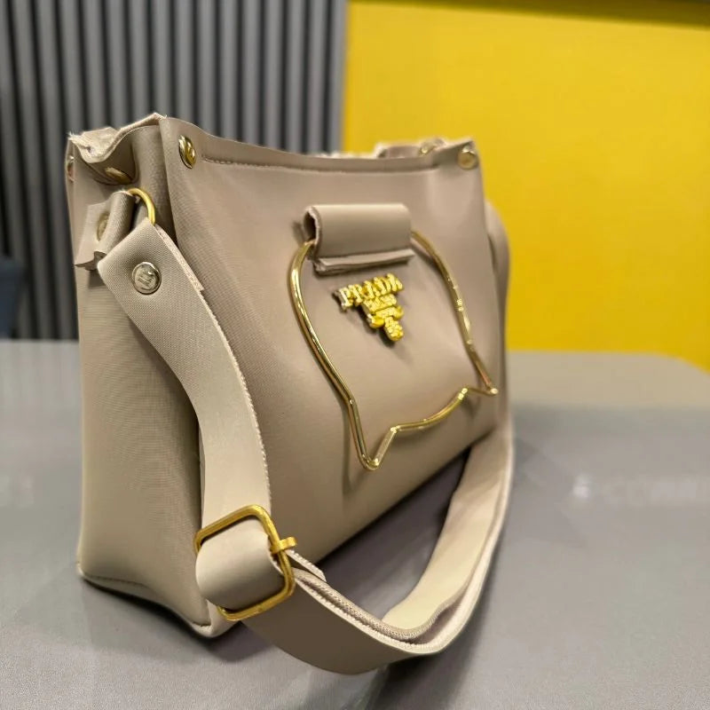 y62- Beige Elegant Cat Handle Handbag for Girls & Ladies | Stylish Shoulder & Crossbody Bag with Gold Accents | Adjustable Strap