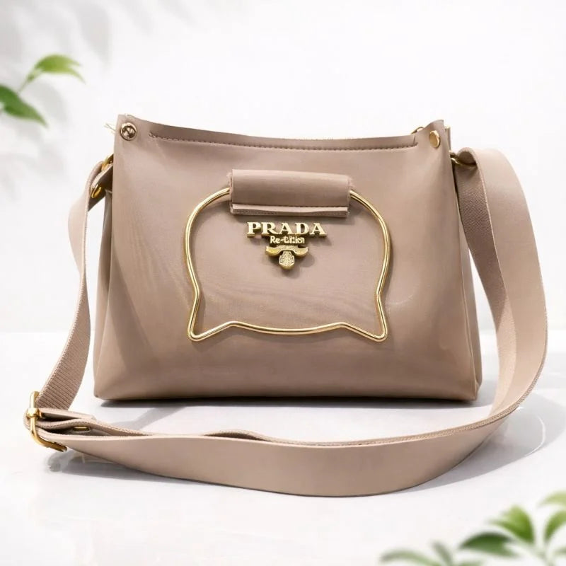 y62- Beige Elegant Cat Handle Handbag for Girls & Ladies | Stylish Shoulder & Crossbody Bag with Gold Accents | Adjustable Strap