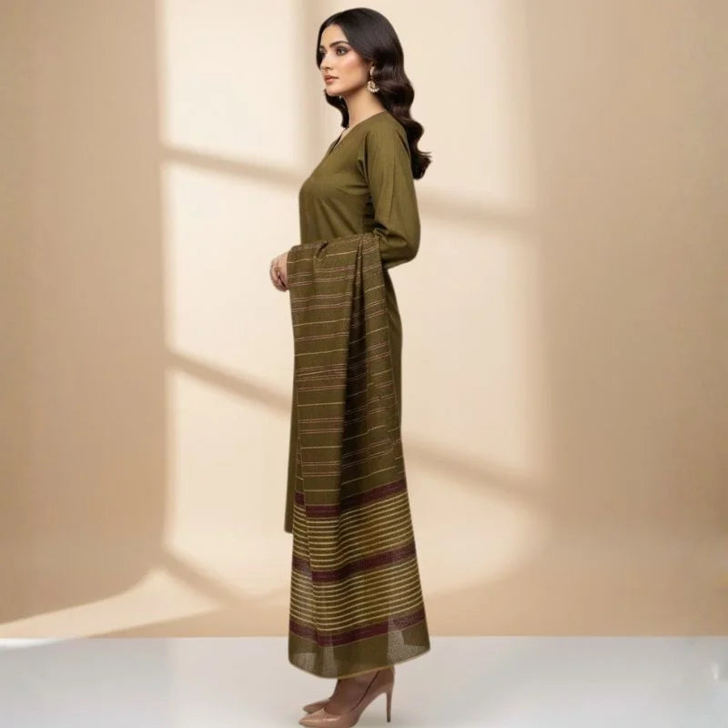 y80- Winter Sussi Silk 3-Piece Suit for Women | Unstitched Plain Shirt & Trouser | Heavy Winter Sussi Shawl |  Olive Green