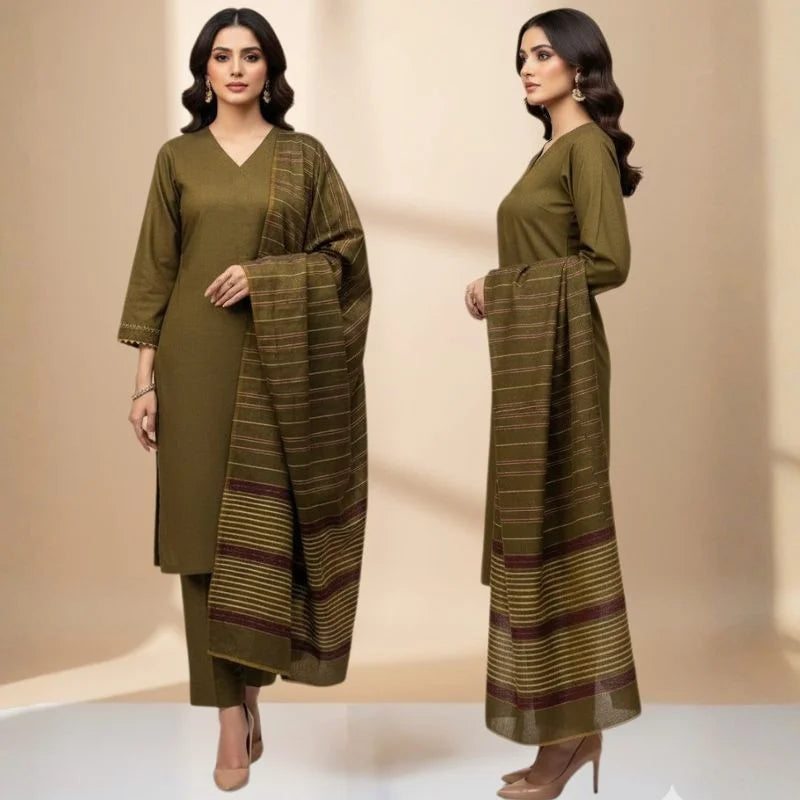 y80- Winter Sussi Silk 3-Piece Suit for Women | Unstitched Plain Shirt & Trouser | Heavy Winter Sussi Shawl |  Olive Green