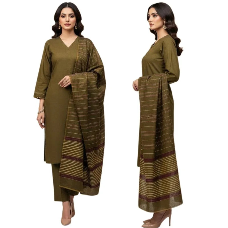 y80- Winter Sussi Silk 3-Piece Suit for Women | Unstitched Plain Shirt & Trouser | Heavy Winter Sussi Shawl |  Olive Green