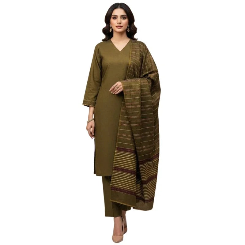y80- Winter Sussi Silk 3-Piece Suit for Women | Unstitched Plain Shirt & Trouser | Heavy Winter Sussi Shawl |  Olive Green