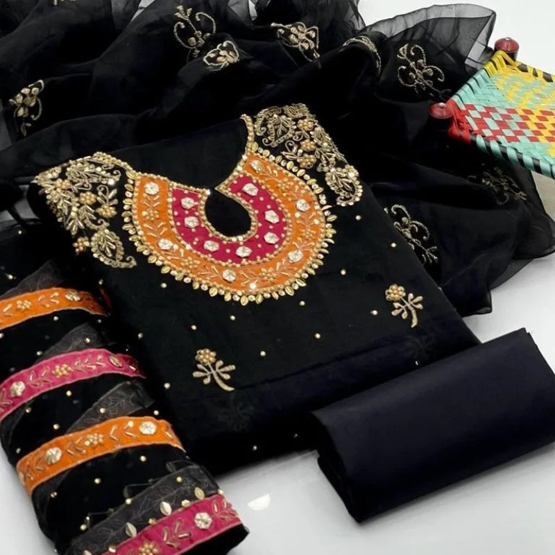 y78- Organza 3-Piece Suit for Women | Unstitched  Handmade Aari Zari & Beads Work