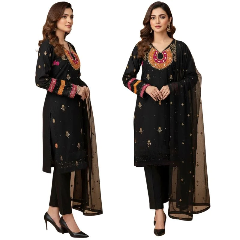 y78- Organza 3-Piece Suit for Women | Unstitched  Handmade Aari Zari & Beads Work