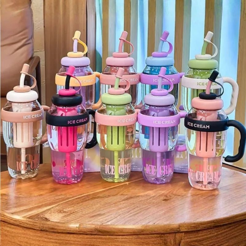 y35- Ice Cream Water Bottle with Straw & Tea Infuser | 1400ml  |  | Large Capacity Gym & Summer Drink Bottle | Random color