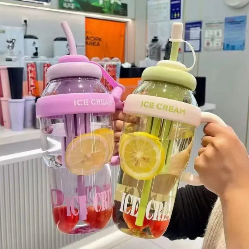 y35- Ice Cream Water Bottle with Straw & Tea Infuser | 1400ml  |  | Large Capacity Gym & Summer Drink Bottle | Random color