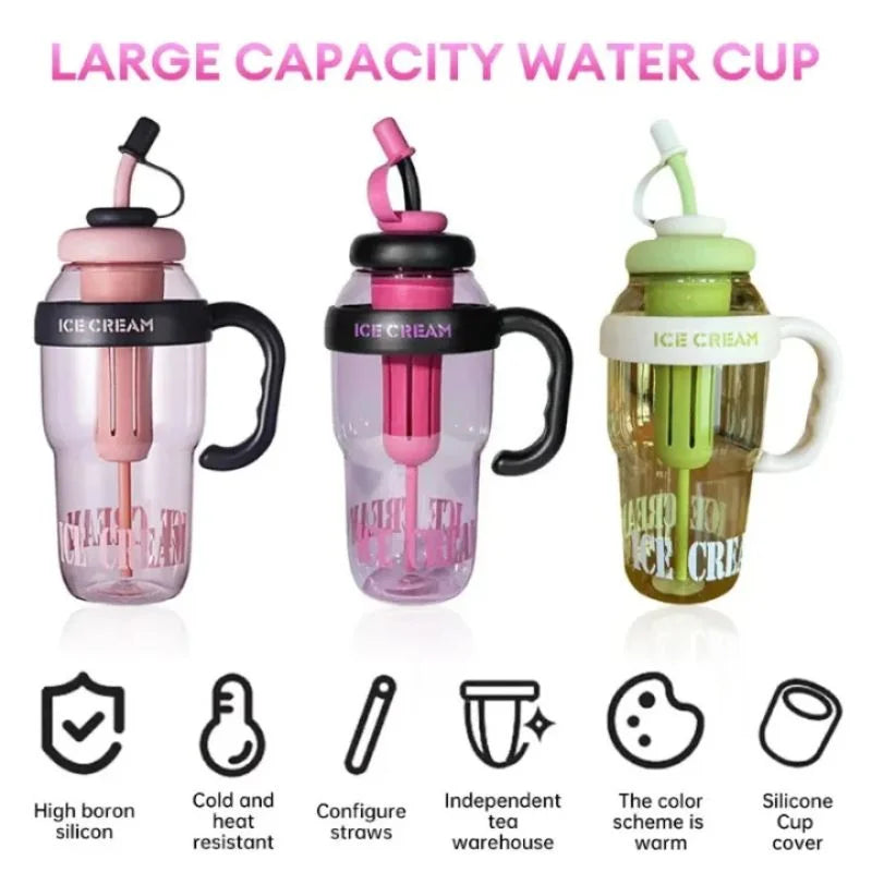 y35- Ice Cream Water Bottle with Straw & Tea Infuser | 1400ml  |  | Large Capacity Gym & Summer Drink Bottle | Random color