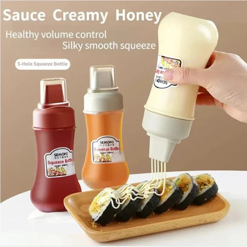 y29- 5 Hole Squeeze Sauce Bottle | Refillable Condiment Dispenser with Lid | Multipurpose Ketchup & Hot Sauce Bottle for Kitchen | Black Cap