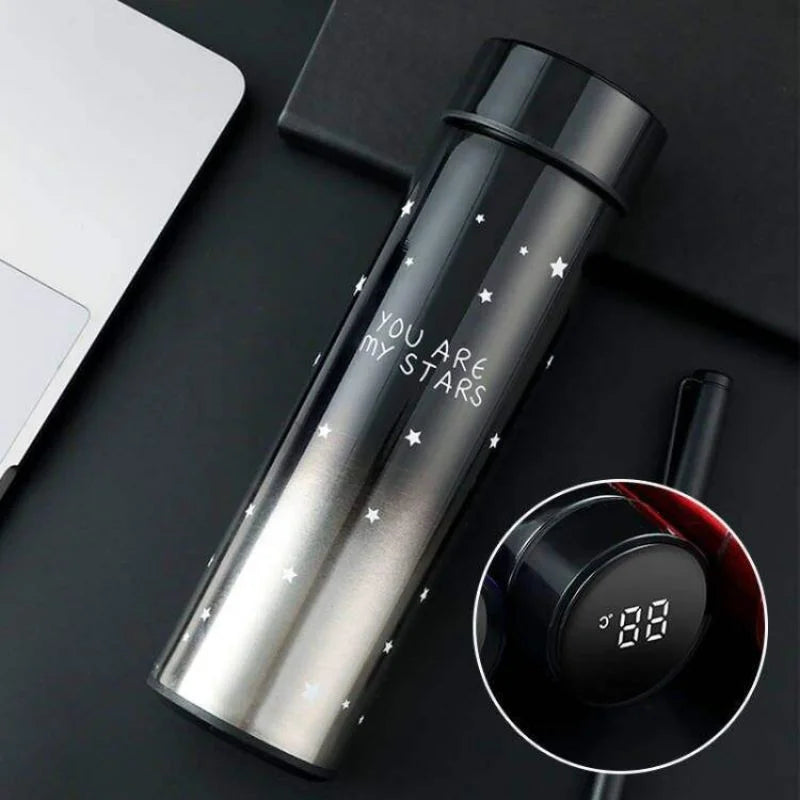 y39- LED Temperature Display Water Bottle Stars Design  | Smart Stainless Steel Vacuum 500ml Flask | Random Color