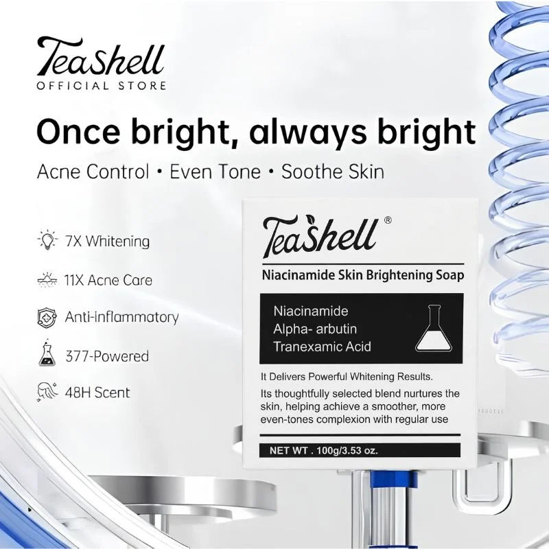 y8- TeaShell Niacinamide Skin Brightening Soap | Face & Body Brightening Bar with Niacinamide, Alpha Arbutin & Tranexamic Acid | Deep Cleansing Formula | For Men & Women | 100g