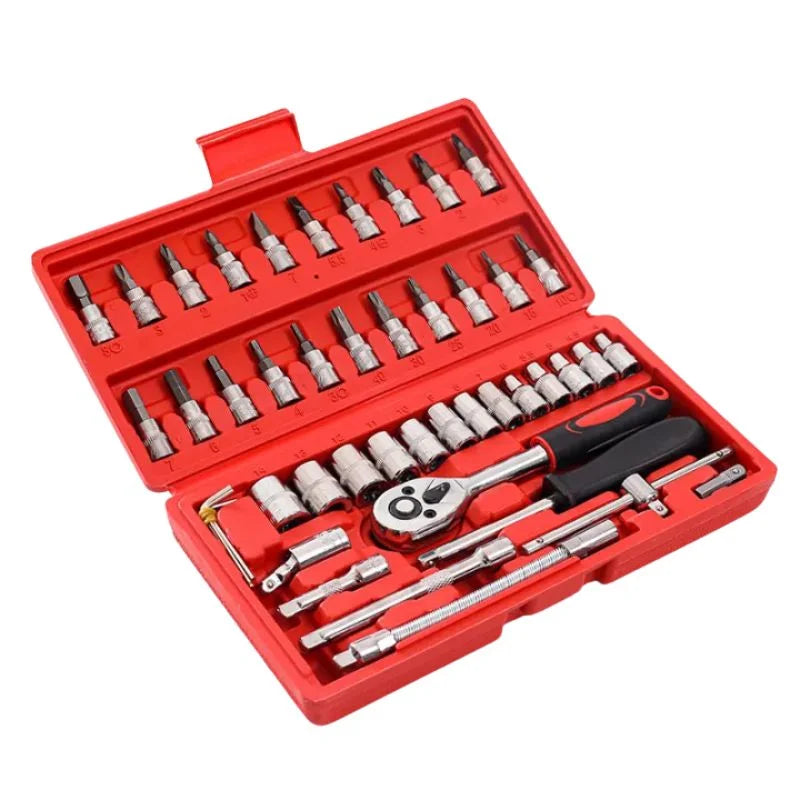 y24-46-Piece Socket Wrench Set  | Complete Ratchet Socket & Screwdriver Bit Tool Kit | Chrome Vanadium Steel Repair Tool Set with Storage Case