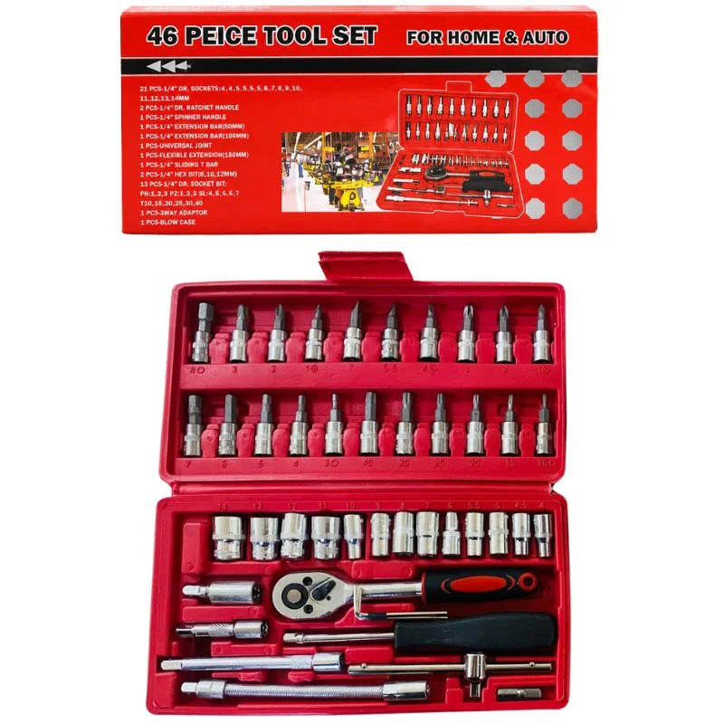 y24-46-Piece Socket Wrench Set  | Complete Ratchet Socket & Screwdriver Bit Tool Kit | Chrome Vanadium Steel Repair Tool Set with Storage Case