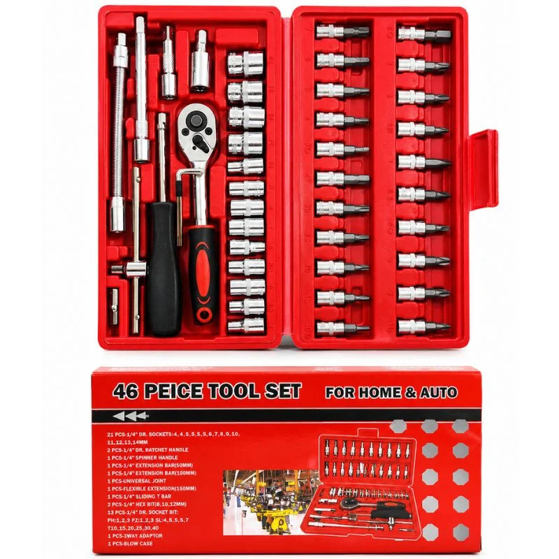 y24-46-Piece Socket Wrench Set  | Complete Ratchet Socket & Screwdriver Bit Tool Kit | Chrome Vanadium Steel Repair Tool Set with Storage Case