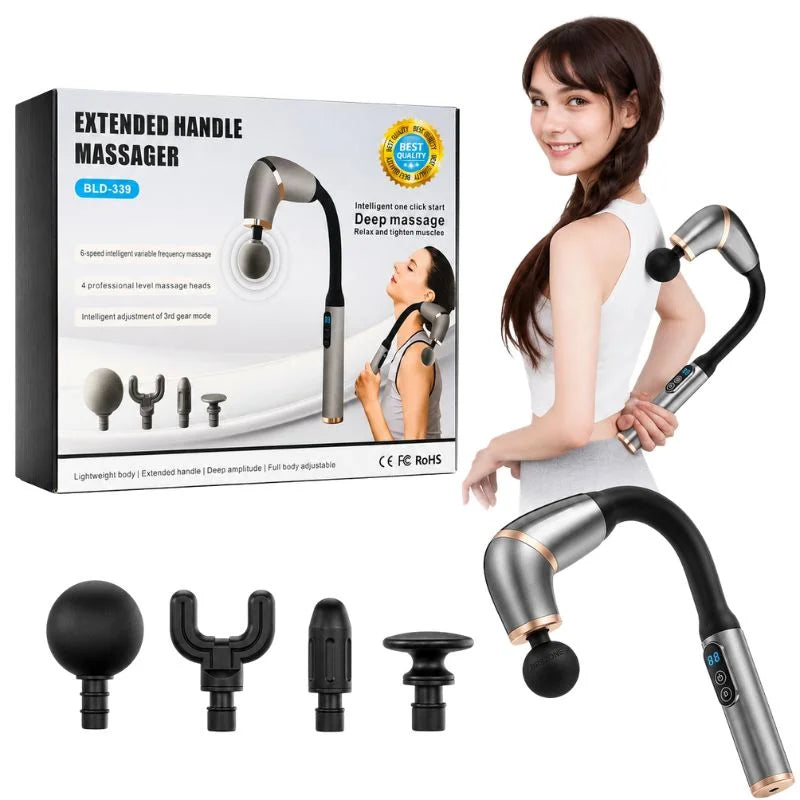 y20- Long Handle Fascial Gun Massager | Model: BLD-339 |  Rechargeable Massage Gun with 4 Interchangeable Heads | Full Body Muscle Relaxation